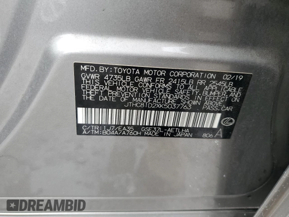 2019 Lexus IS 300 z VIN JTHC81D2XK5037763, wystawiony jako Copart lot #59025175 z przebiegiem 37 340 mil mil oraz Nie do naprawy • Non repairable. Historia ofert i sprzedaży dostępna na DreamBid. Obrazek 13.
