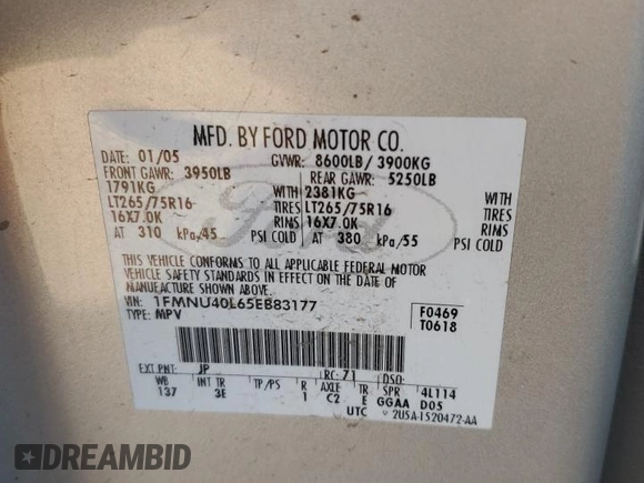 2005 Ford Excursion Special Serv with VIN 1FMNU40L65EB83177, listed as a Copart auction lot 54271885 with 147,145 mi miles and Salvage Title. Bid and sale history available at DreamBid. Image 13.