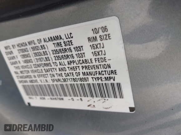 2007 Honda Odyssey EX-L with VIN 5FNRL38717B018097, listed as a IAAI auction lot 42028592 with 141,004 mi miles and . Bid and sale history available at DreamBid. Image 9.