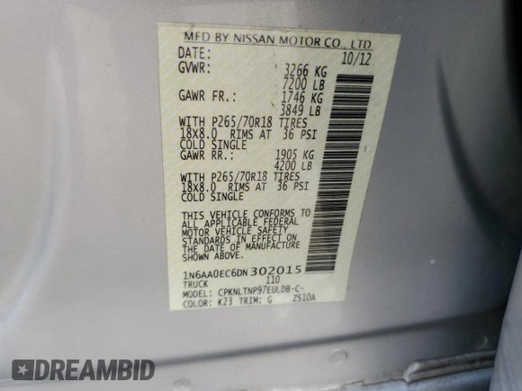 2013 Nissan Titan SV with VIN 1N6AA0EC6DN302015, listed as a Copart auction lot 42545235 with 242,993 mi miles and Non repairable. Bid and sale history available at DreamBid. Image 12.