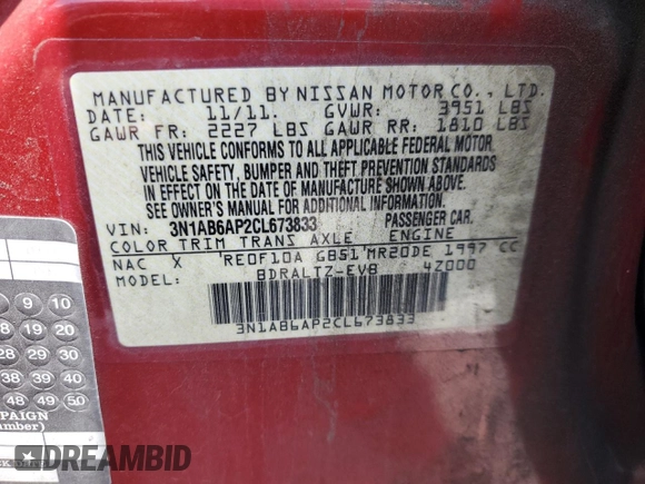 2012 Nissan Sentra S with VIN 3N1AB6AP2CL673833, listed as a Copart auction lot 59723315 with 127,073 mi miles and Salvage title. Bid and sale history available at DreamBid. Image 12.
