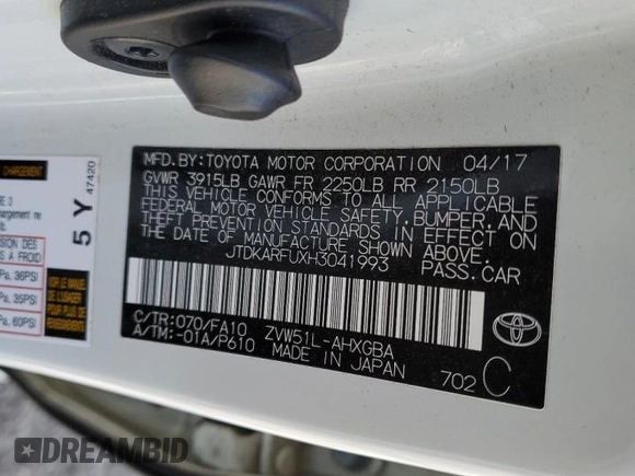 2017 Toyota Prius Two with VIN JTDKARFUXH3041993, listed as a Copart auction lot 42893865 with 96,887 mi miles and Clean Title. Bid and sale history available at DreamBid. Image 12.