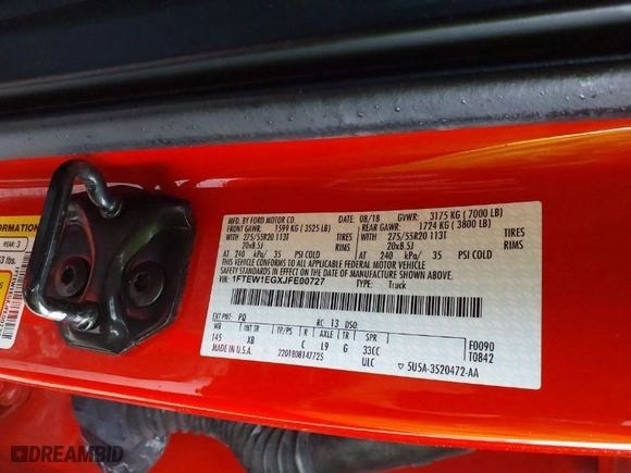 2018 Ford F-150 XL with VIN 1FTEW1EGXJFE00727, listed as a IAAI auction lot 41204222 with 94,951 mi miles. Bid and sale history available at carsss.com. Image 9.