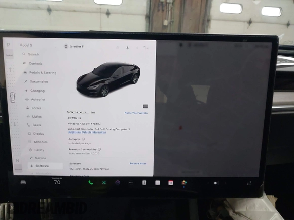 2022 Tesla Model S with VIN 5YJSA1E58NF478403, listed as a IAAI auction lot 41533099 with 42,779 mi miles and . Bid and sale history available at DreamBid. Image 18.