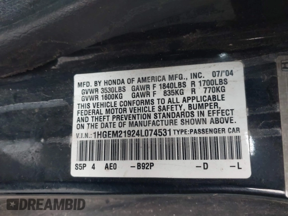2004 Honda Civic EX with VIN 1HGEM21924L074531, listed as a IAAI auction lot 41615569 with 186,878 mi miles and . Bid and sale history available at DreamBid. Image 9.