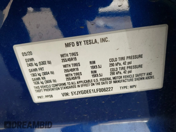 2020 Tesla Model Y Long Range with VIN 5YJYGDEE1LF006227, listed as a IAAI auction lot 42100833 with 49,761 mi miles and . Bid and sale history available at DreamBid. Image 9.