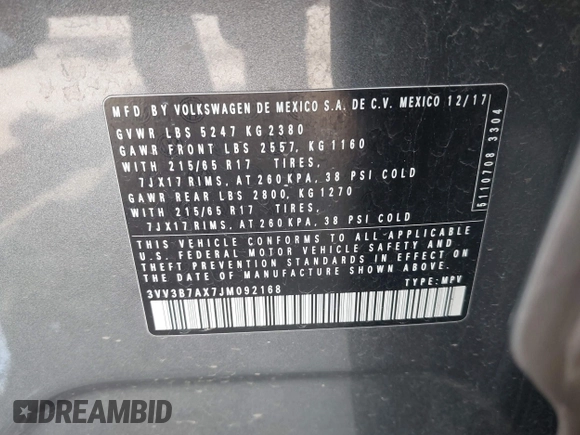 2018 Volkswagen Tiguan SEL с VIN 3VV3B7AX7JM092168, выставлен на аукционе IAAI как лот 42403883 с пробегом 96 022 миль миль и . История ставок и продаж доступна на DreamBid. Изображение 9.