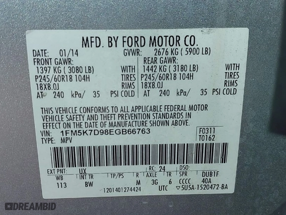 2014 Ford Explorer XLT with VIN 1FM5K7D98EGB66763, listed as a IAAI auction lot 40933042 with 126,929 mi miles. Bid and sale history available at carsss.com. Image 9.