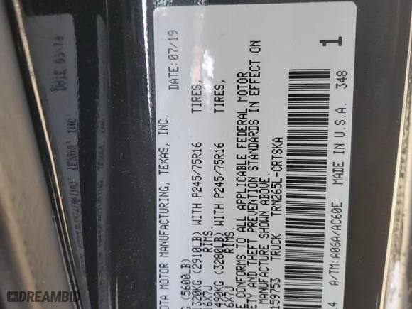 2019 Toyota Tacoma 2WD SR with VIN 5TFRX5GN3KX159753, listed as a Copart auction lot 76676934 with 59,049 mi miles and Non Repairable. Bid and sale history available at carsss.com. Image 12.
