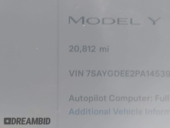 2023 Tesla Model Y Long Range with VIN 7SAYGDEE2PA145398, listed as a IAAI auction lot 41546573 with 20,812 mi miles and . Bid and sale history available at carsss.com. Image 14.