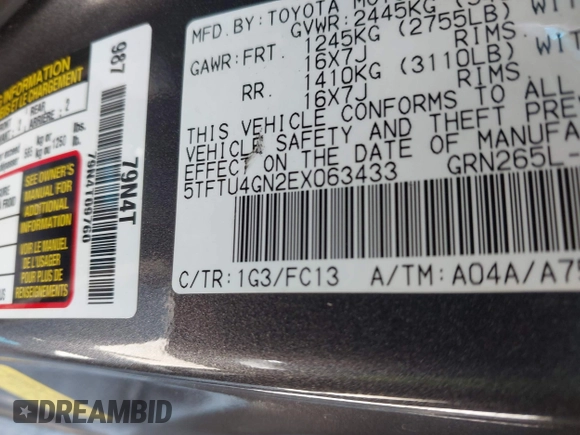 2014 Toyota Tacoma PreRunner with VIN 5TFTU4GN2EX063433, listed as a IAAI auction lot 42550709 with 167,990 mi miles and . Bid and sale history available at DreamBid. Image 9.