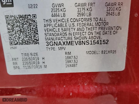 2022 Chevrolet Equinox RS with VIN 3GNAXMEV8NS154152, listed as a Copart auction lot 52093335 with 47,992 mi miles and Salvage Title. Bid and sale history available at carsss.com. Image 13.