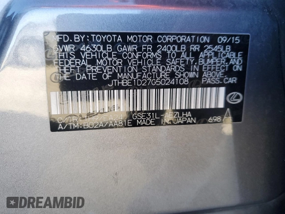 2016 Lexus IS 350 with VIN JTHBE1D27G5024108, listed as a Copart auction lot 43150455 with 54,806 mi miles and Salvage title. Bid and sale history available at DreamBid. Image 14.