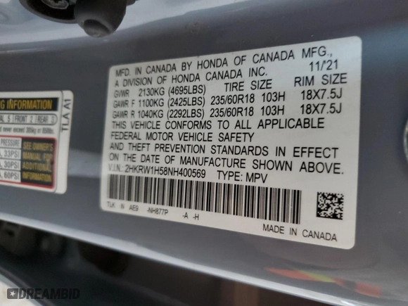 2022 Honda CR-V EX with VIN 2HKRW1H58NH400569, listed as a Copart auction lot 43753705 with 175,238 mi miles and Salvage Title. Bid and sale history available at carsss.com. Image 12.