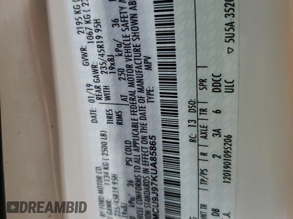2019 Ford Escape Titanium z VIN 1FMCU9J97KUA85865, wystawiony jako Copart lot #56643135 z przebiegiem Nie podano mil oraz Szkoda całkowita • Salvage title. Historia ofert i sprzedaży dostępna na DreamBid. Obrazek 13.