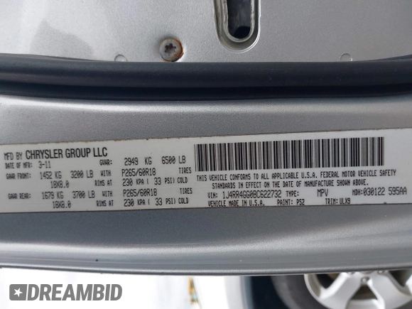 2011 Jeep Grand Cherokee Laredo with VIN 1J4RR4GG0BC622732, listed as a IAAI auction lot 42218785 with 127,186 mi miles and . Bid and sale history available at DreamBid. Image 9.