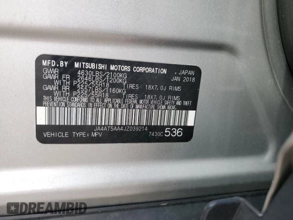 2018 Mitsubishi Eclipse Cross SE with VIN JA4AT5AA4JZ039214, listed as a Copart auction lot 50105675 with 96,974 mi miles and Salvage title. Bid and sale history available at DreamBid. Image 13.