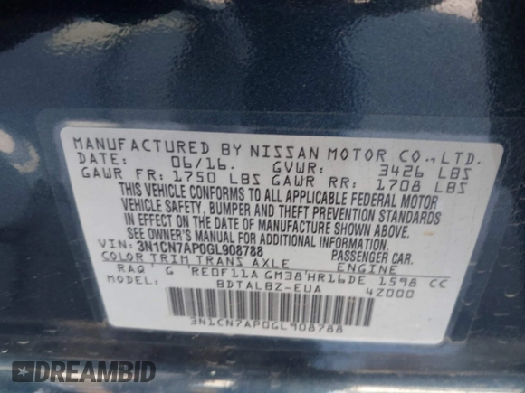 2016 Nissan Versa S Plus with VIN 3N1CN7AP0GL908788, listed as a IAAI auction lot 42123783 with 90,746 mi miles and . Bid and sale history available at DreamBid. Image 9.