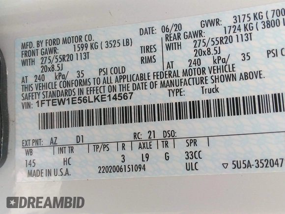 2020 Ford F-150 XL with VIN 1FTEW1E56LKE14567, listed as a IAAI auction lot 42080364 with 77,373 mi miles and . Bid and sale history available at DreamBid. Image 9.