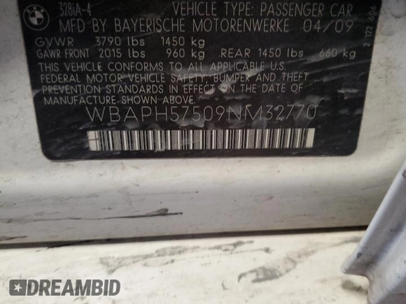 2009 BMW 3 Series 328i z VIN WBAPH57509NM32770, wystawiony jako Copart lot #54171475 z przebiegiem 179 642 mil mil oraz Szkoda całkowita • Salvage title. Historia ofert i sprzedaży dostępna na DreamBid. Obrazek 12.