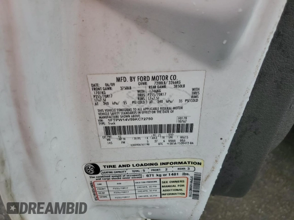 2009 Ford F-150 XL z VIN 1FTPW14V59KC72750, wystawiony jako Copart lot #54487105 z przebiegiem 242 321 mil mil oraz Szkoda całkowita • Salvage title. Historia ofert i sprzedaży dostępna na DreamBid. Obrazek 12.