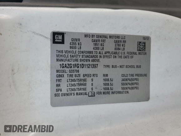 2013 Chevrolet Express Passenger LT with VIN 1GAZG1FG1D1121397, listed as a Copart auction lot 64763735 with Not provided miles and Clean title. Bid and sale history available at DreamBid. Image 13.