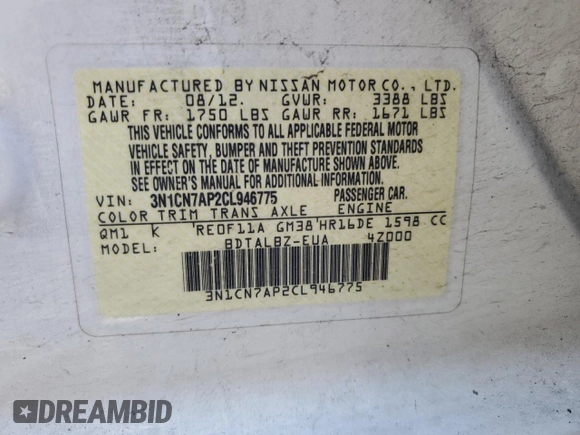 2012 Nissan Versa SV with VIN 3N1CN7AP2CL946775, listed as a Copart auction lot 45236005 with 138,619 mi miles and Salvage Title. Bid and sale history available at carsss.com. Image 12.