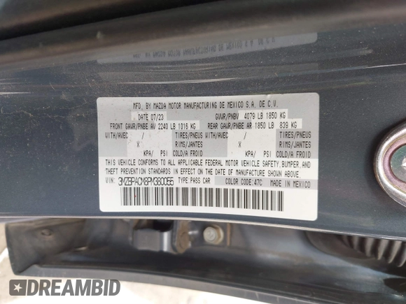 2023 Mazda 3 S Preferred with VIN 3MZBPACM8PM380055, listed as a IAAI auction lot 41804643 with 12,855 mi miles and . Bid and sale history available at DreamBid. Image 9.