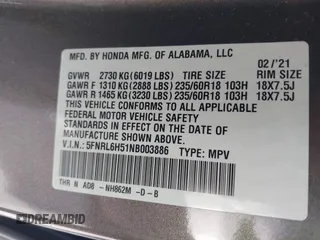 2022 Honda Odyssey EX with VIN 5FNRL6H51NB003886, listed as a IAAI auction lot 41542525 with 68,031 mi miles and . Bid and sale history available at DreamBid. Image 9.