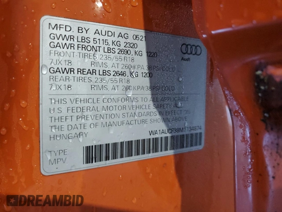 2021 Audi Q3 Premium with VIN WA1AUCF38M1134874, listed as a Copart auction lot 84907564 with 49,873 mi miles and Salvage Title. Bid and sale history available at DreamBid. Image 14.