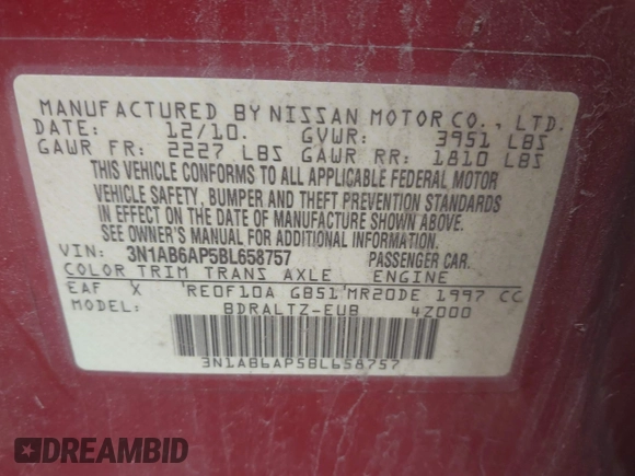 2011 Nissan Sentra SL with VIN 3N1AB6AP5BL658757, listed as a IAAI auction lot 42529456 with 197,717 mi miles and . Bid and sale history available at DreamBid. Image 9.