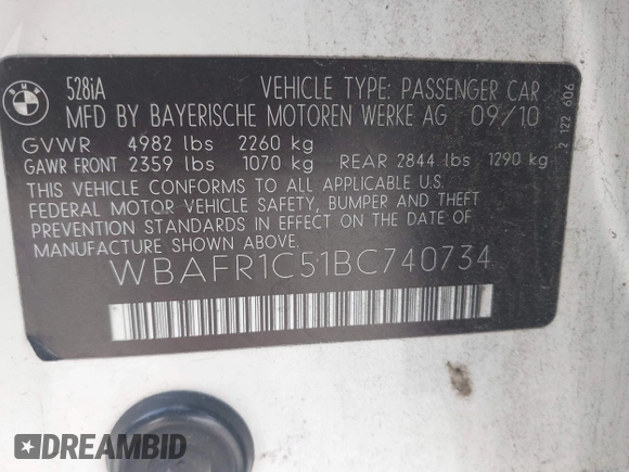2011 BMW 5 Series 528i with VIN WBAFR1C51BC740734, listed as a IAAI auction lot 42035705 with 134,691 mi miles and . Bid and sale history available at carsss.com. Image 9.