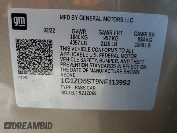 2022 Chevrolet Malibu LT with VIN 1G1ZD5ST9NF113992, listed as a Copart auction lot 48805935 with 75,518 mi miles and Salvage Title. Bid and sale history available at DreamBid. Image 12.
