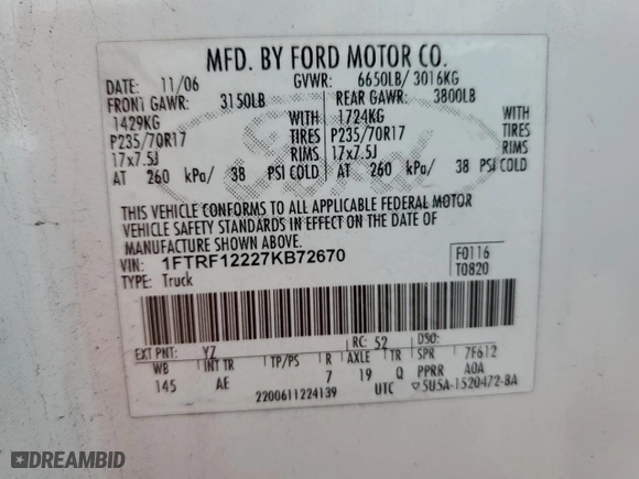2007 Ford F-150 XL with VIN 1FTRF12227KB72670, listed as a Copart auction lot 49259915 with 140,252 mi miles and Non Repairable. Bid and sale history available at carsss.com. Image 12.