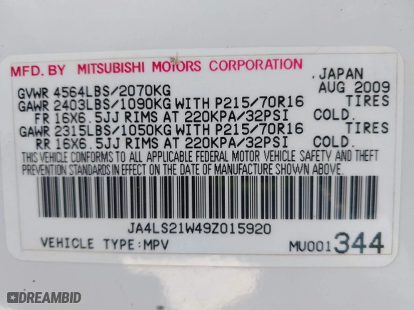 2009 Mitsubishi Outlander ES with VIN JA4LS21W49Z015920, listed as a IAAI auction lot 41845969 with 291,723 mi miles. Bid and sale history available at carsss.com. Image 9.