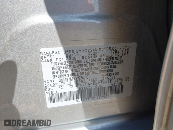 2014 Nissan Sentra S with VIN 3N1AB7APXEY224010, listed as a IAAI auction lot 42168158 with 106,936 mi miles and . Bid and sale history available at DreamBid. Image 9.