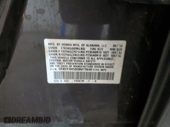 2013 Honda Pilot EX-L с VIN 5FNYF4H58DB073648, выставлен на аукционе Copart как лот 58591165 с пробегом 243 256 миль миль и Списание • Salvage title. История ставок и продаж доступна на DreamBid. Изображение 13.