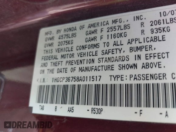 2008 Honda Accord EX with VIN 1HGCP36758A011517, listed as a IAAI auction lot 42067409 with 169,101 mi miles and . Bid and sale history available at DreamBid. Image 9.