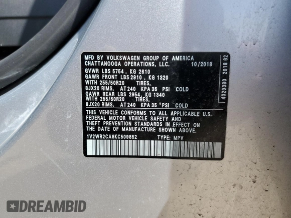 2019 Volkswagen Atlas SE with VIN 1V2WR2CA8KC509852, listed as a Copart auction lot 52941235 with 52,816 mi miles and Salvage title. Bid and sale history available at DreamBid. Image 13.