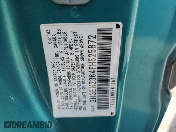 1993 Honda Civic z VIN 2HGEH2364PH525872, wystawiony jako Copart lot #55438535 z przebiegiem 168 040 mil mil oraz Szkoda całkowita • Salvage title. Historia ofert i sprzedaży dostępna na DreamBid. Obrazek 13.