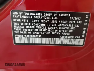 2017 Volkswagen Passat SE with VIN 1VWBT7A35HC062793, listed as a Copart auction lot 61253185 with 41,894 mi miles and Salvage title. Bid and sale history available at DreamBid. Image 13.