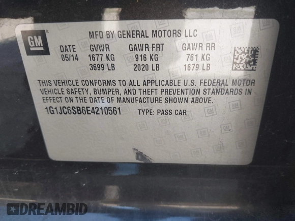 2014 Chevrolet Sonic LT with VIN 1G1JC6SB6E4210561, listed as a IAAI auction lot 42073197 with 100,945 mi miles. Bid and sale history available at carsss.com. Image 9.