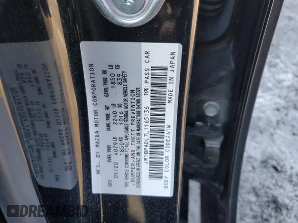 2020 Mazda 3 Premium with VIN JM1BPADL7L1165136, listed as a Copart auction lot 45151225 with 119,495 mi miles and Salvage Title. Bid and sale history available at DreamBid. Image 13.