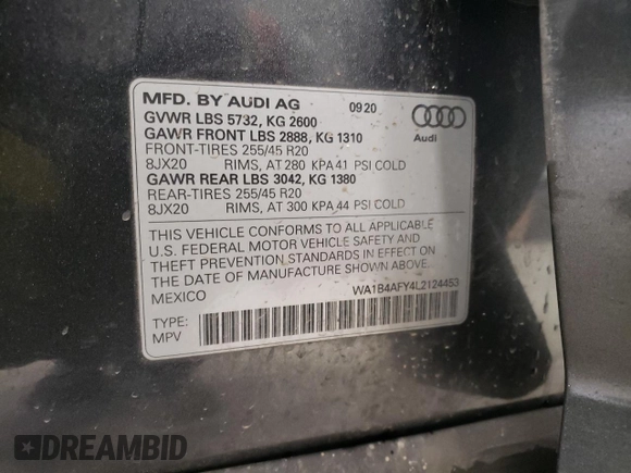 2020 Audi SQ5 Premium Plus with VIN WA1B4AFY4L2124453, listed as a Copart auction lot 38367533 with 0 mi miles. Bid and sale history available at carsss.com. Image 14.