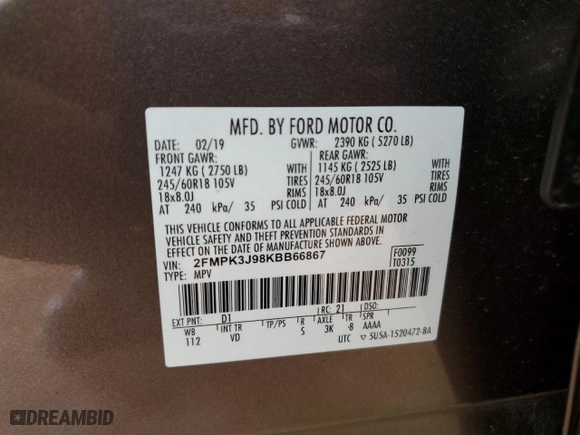 2019 Ford Edge SEL with VIN 2FMPK3J98KBB66867, listed as a Copart auction lot 43666505 with 133,937 mi miles and Clean Title. Bid and sale history available at carsss.com. Image 13.
