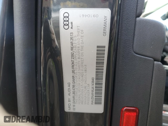 2018 Audi A4 Premium with VIN WAUDNAF46JA143840, listed as a Copart auction lot 45106615 with 0 mi miles and Salvage Title. Bid and sale history available at carsss.com. Image 12.