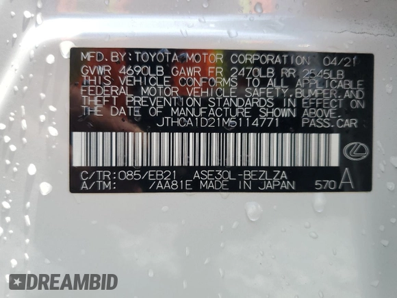 2021 Lexus IS 300 with VIN JTHCA1D21M5114771, listed as a Copart auction lot 56099775 with 47,640 mi miles and Non repairable. Bid and sale history available at DreamBid. Image 12.