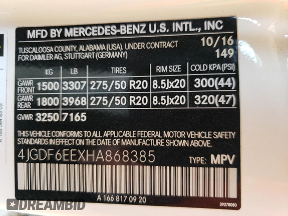 2017 Mercedes-Benz GLS 450 with VIN 4JGDF6EEXHA868385, listed as a Copart auction lot 63715634 with 64,788 mi miles and Salvage Title. Bid and sale history available at DreamBid. Image 14.