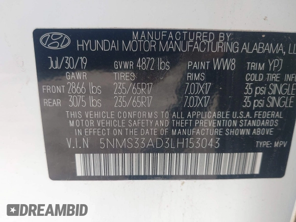 2020 Hyundai Santa Fe SEL w/SULEV with VIN 5NMS33AD3LH153043, listed as a IAAI auction lot 41733954 with 114,206 mi miles. Bid and sale history available at carsss.com. Image 9.