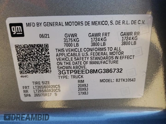 2021 GMC Sierra 1500 AT4 with VIN 3GTP9EED8MG386732, listed as a Copart auction lot 83474844 with 47,778 mi miles and Salvage Title. Bid and sale history available at carsss.com. Image 12.